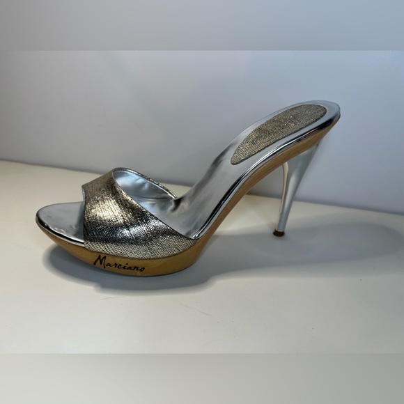 Marciano Silver Stiletto Heel with Wood Platform Textured Metallic Leather Mule - Picture 8 of 11